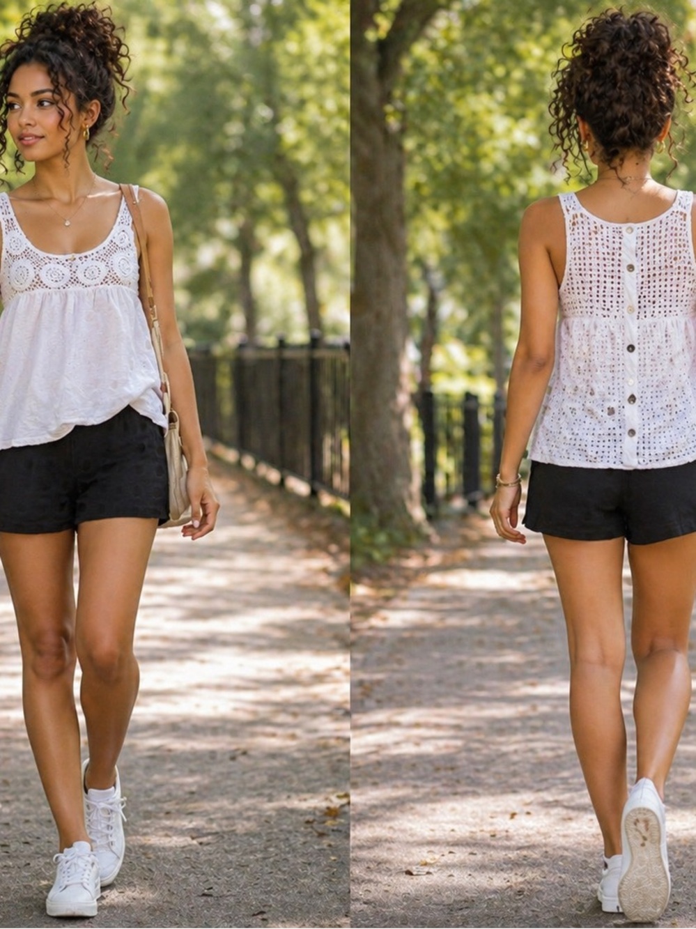 Lace Yoke Button-Back Camisole Tank - White